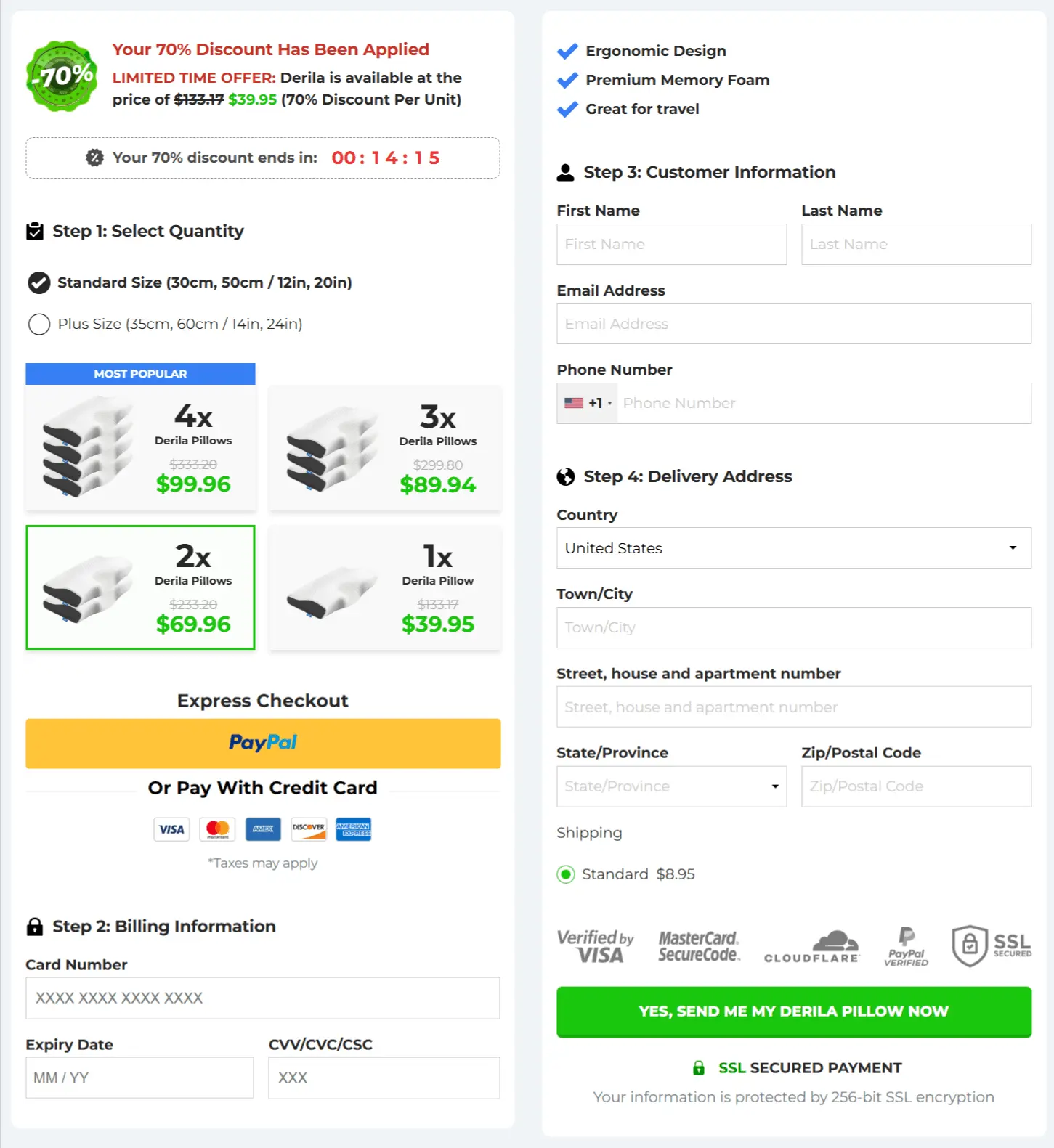 Derila Memory Foam Pillow checkout page